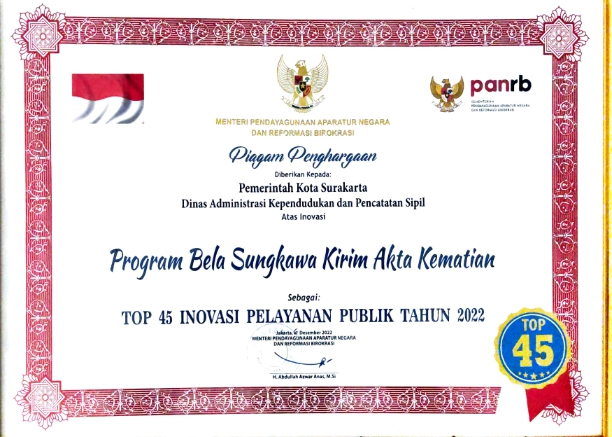 Piagam Penghargaan TOP 45 Inovasi Pelayanan Publik Tingkat Nasional Piagam Penghargaan TOP 45 Inovasi Pelayanan Publik Tingkat Nasional