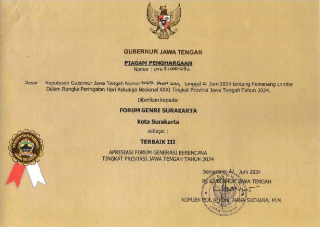 PIAGAM PENGHARGAAN GUBERNUR FORUM GENRE TERBAIK III 2024_001 Piagam Penghargaan Terbaik 3 Apresiasi Forum Generasi Perencana Tingkat Provinsi Jawa Tengah Tahun 2024