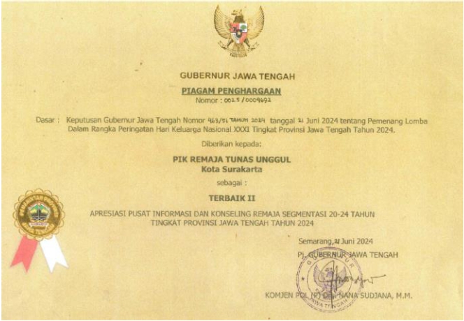 PIAGAM PENGHARGAAN GUBERNUR PIK REMAJA TUNAS UNGGUL 2024_001 Piagam Penghargaan Terbaik II Apresiasi Pusat Informasi Dan Konseling Remaja Segmentasi 20-24 Tahun Tingkat Provinsi Jawa Tengah Tahun 2024
