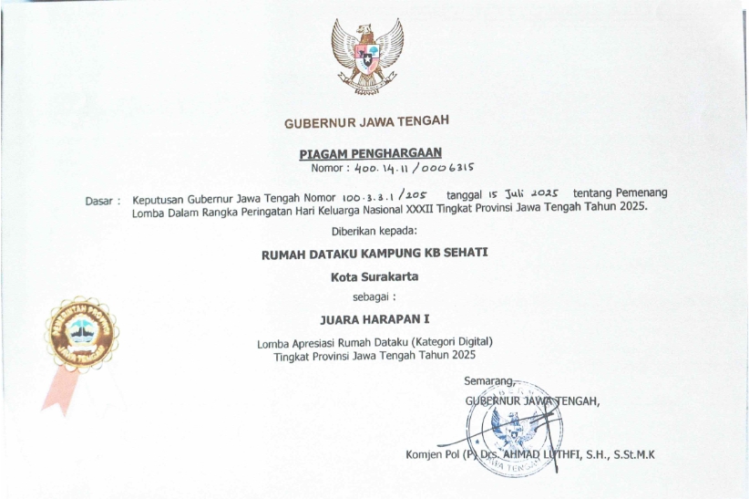 PIAGAM PENGHARGAAN GUBERNUR RUMAH DATAKU JUARA HARAPAN I 2025_001 Piagam Penghargaan Juara Harapan 1 Lomba Apresiasi Rumah Dataku (Kategori Digital) Tingkat Provinsi Jawa Tengah Tahun 2025