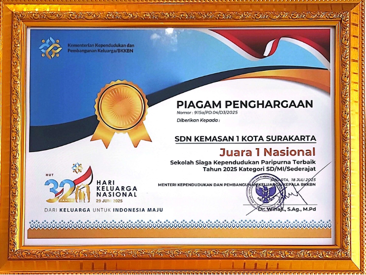 PIAGAM PENGHARGAAN NASIONAL SSK JUARA 1 NASIONAL 2025_001 Piagam Penghargaan Juara 1 Nasional Sekolah Siaga Kependudukan Paripurna Terbaik Tahun 2025 Kategori SD/MI/SEDERAJAT