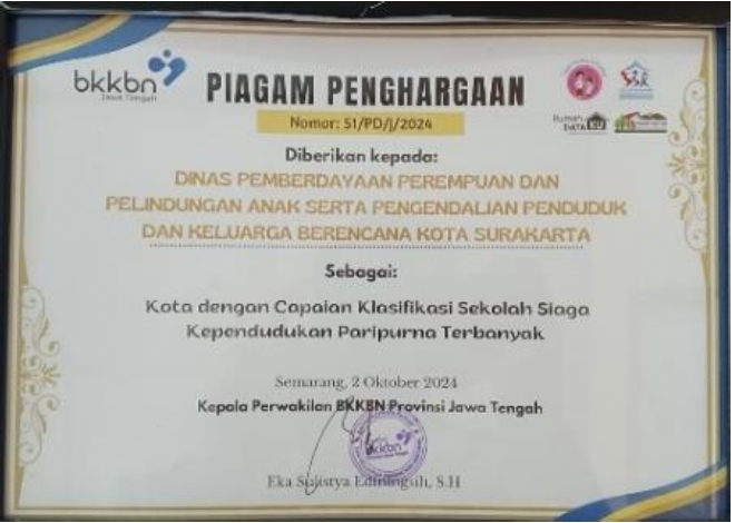 PIAGAM PENGHARGAAN SSK PARIPURNA 2024_001 Piagam Penghargaan Kota Dengan Capaian Klasifikasi Sekolah Siaga Kependudukan Paripurna Terbanyak
