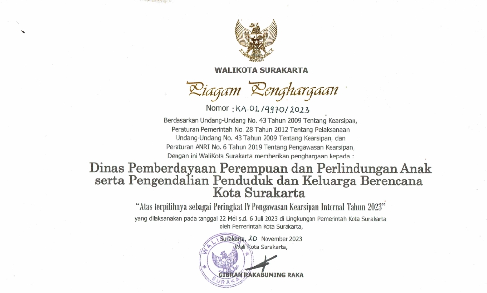 PIAGAM PENGHARGAAN WALIKOTA PENGAWASAN KERARSIPAN INTERNAL 2023 PERINGKAT IV_001 Piagam Penghargaan Atas Terpilihnya Sebagai Peringkat IV Pengawasan Kearsipan Internal Tahun 2023