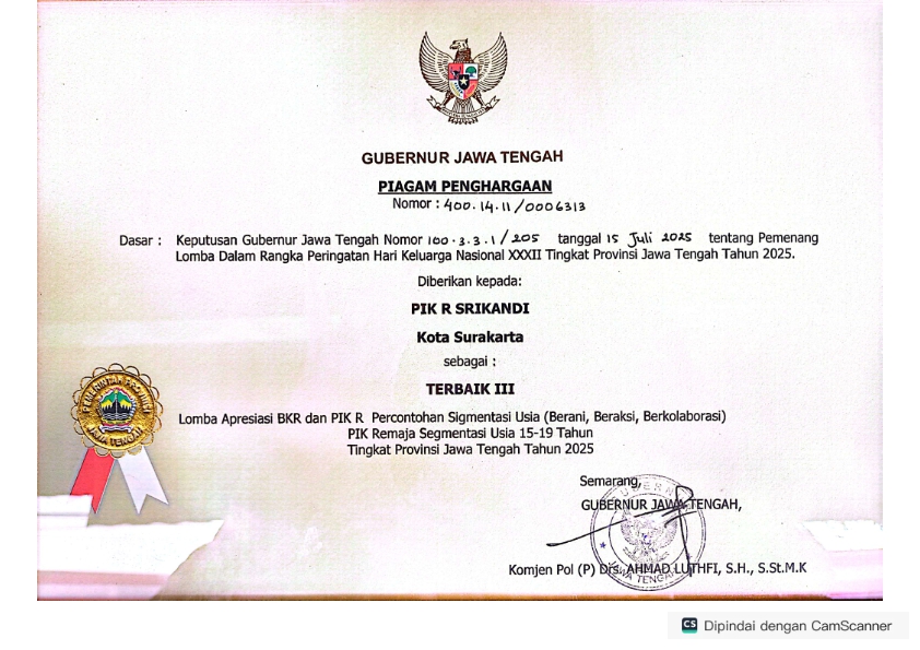 PIK SRIKANDI 2025_001 Piagam Penghargaan Terbaik III Lomba Apresiasi BKR dan PIK R Percontohan Sigmentasi Usia Tingkat Provinsi Jawa Tengah Tahun 2025