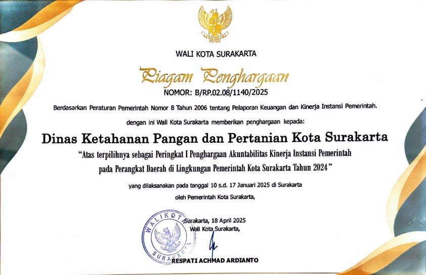 Penghargaan Akuntabilitas Kinerja Peringkat I Kota Surakarta_001 Piagam Penghargaan Atas Terpilihnya Sebagai Peringkat 1 Penghargaan Akuntabilitas Kinerja Instansi Pemerintah Pada Perangkat Daerah di Lingkungan Pemerintah Kota Surakarta Tahun 2024