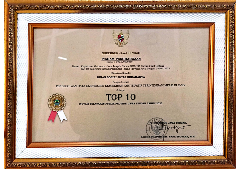 Piagam Penghargaan ESIK_001 Piagam Penghargaan TOP 10 Inovasi Pelayanan Publik Provinsi Jawa Tengah Tahun 2023