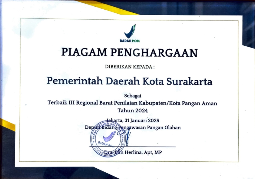 Piagam Penghargaan Kota Pangan Aman_001 Terbaik III Regional Barat Penilaian Kabupaten atau Kota Pangan Aman Tahun 2024