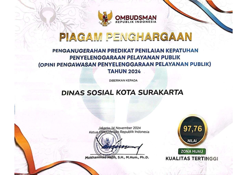 Piagam Penghargaan Ombudsman_001 Piagam Penghargaan Penganugrahan Predikat Penilaian Kepatuhan Penyelenggaraan Pelayanan Publik (Opini Pengawasan Penyelenggaraan Pelayanan Publik) Tahun 2024