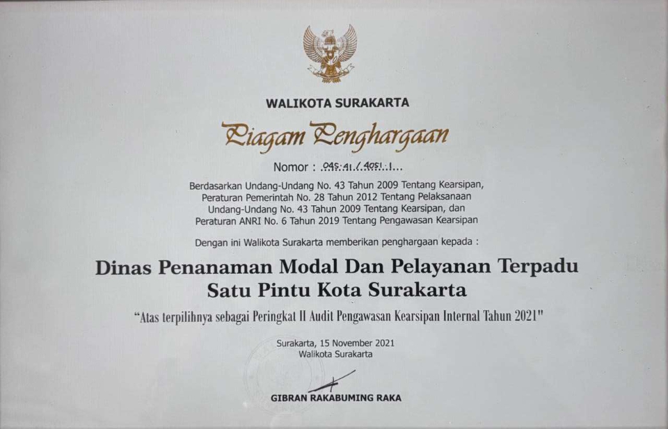 Piagam Penghargaan Atas Terpilihnya Sebagai Peringkat II Audit Pengawasan Kearsipan Internal Tahun 2021