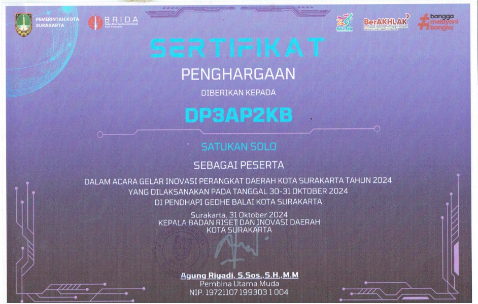 SERTIFIKAT GELAR INOVASI 2024_001 Sertifikat Penghargaan Dalam Acara Gelar Inovasi Perangkat Daerah Kota Surakarta Tahun 2024