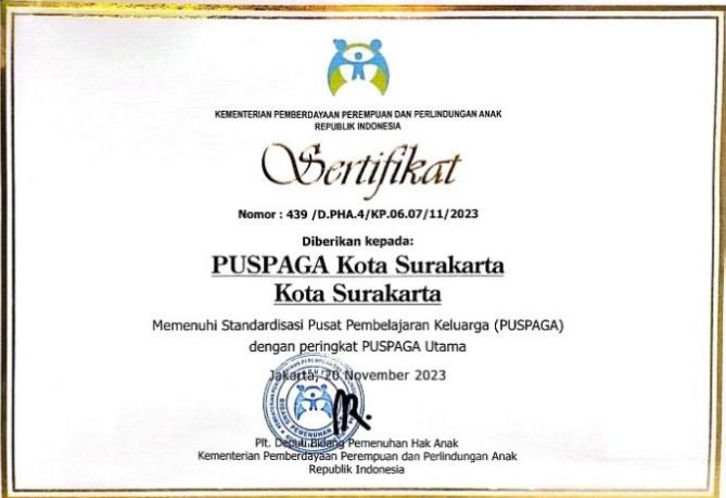 SERTIFIKAT KEMEN PPPA STANDARISASI PUSPAGA 2023_001 Sertifikat Standardisasi Pusat Pembelajaran Keluarga (PUSPAGA) Dengan Peringkat PUSPAGA Utama