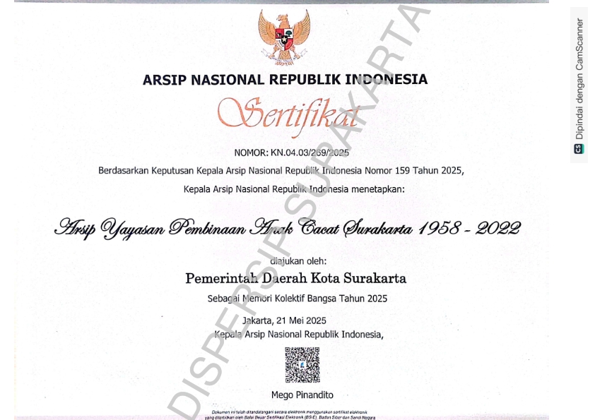 Sertifikat MKB Arsip Yayasan Pembinaan Anak Cacat Surakarta Tahun 1958 – 2022 Sertifikat MKB Arsip Yayasan Pembinaan Anak Cacat Surakarta Tahun 1958 - 2022