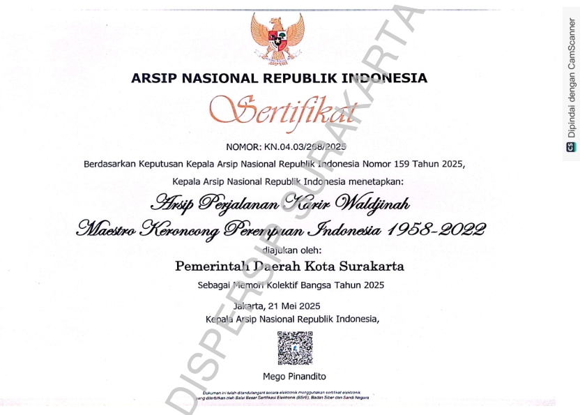 Sertifikat MKB Arsip Perjalanan Karir Waldjinah Maestro Keroncong Perempuan Indonesia 1958 – 2022 Sertifikat MKB Arsip Perjalanan Karir Waldjinah Maestro Keroncong Perempuan Indonesia 1958 - 2022