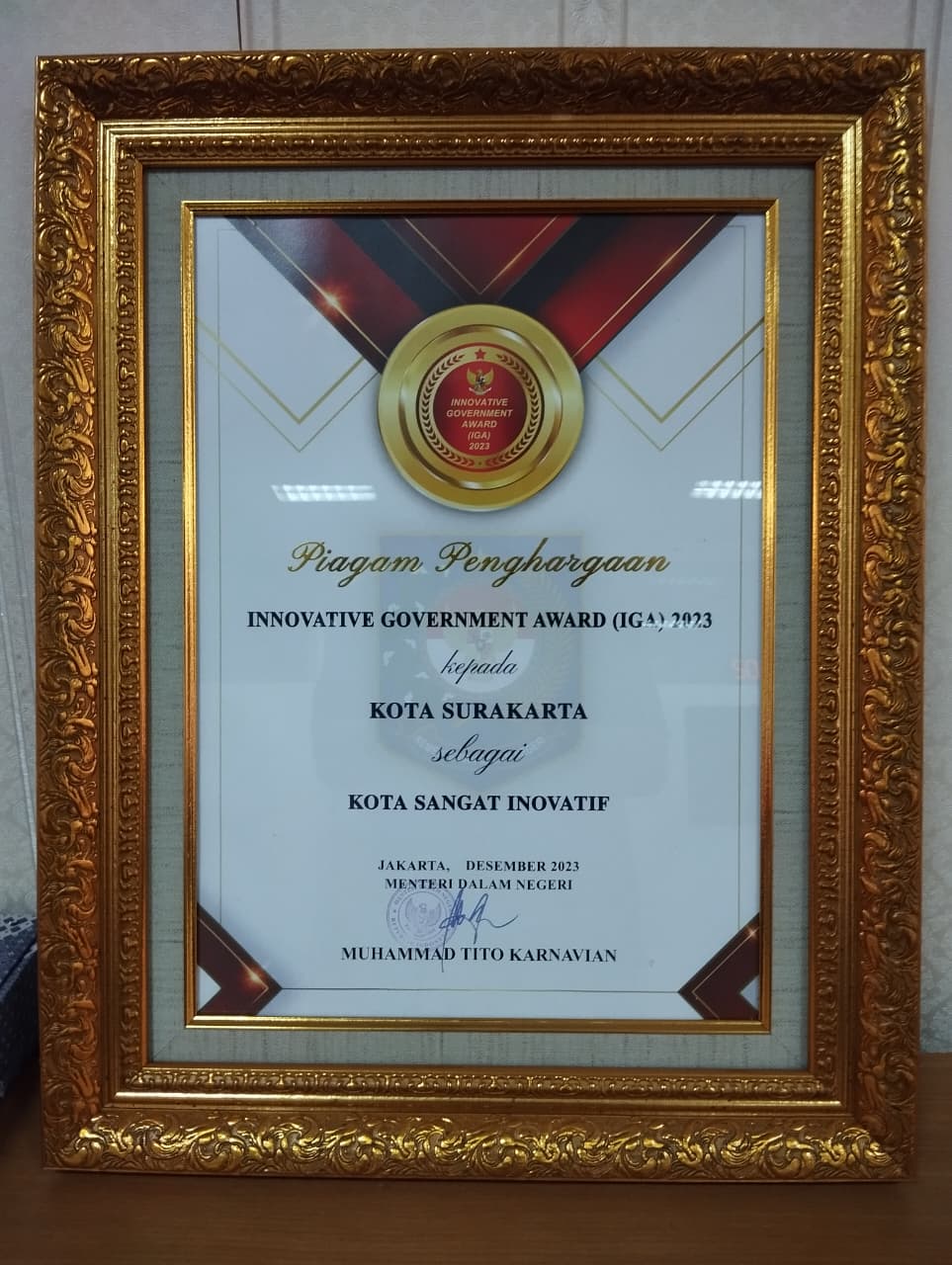 Sertifikat IGA Kota Sangat Inovatif 2023 Piagam Penghargaan Innovative Goverment Award 2023