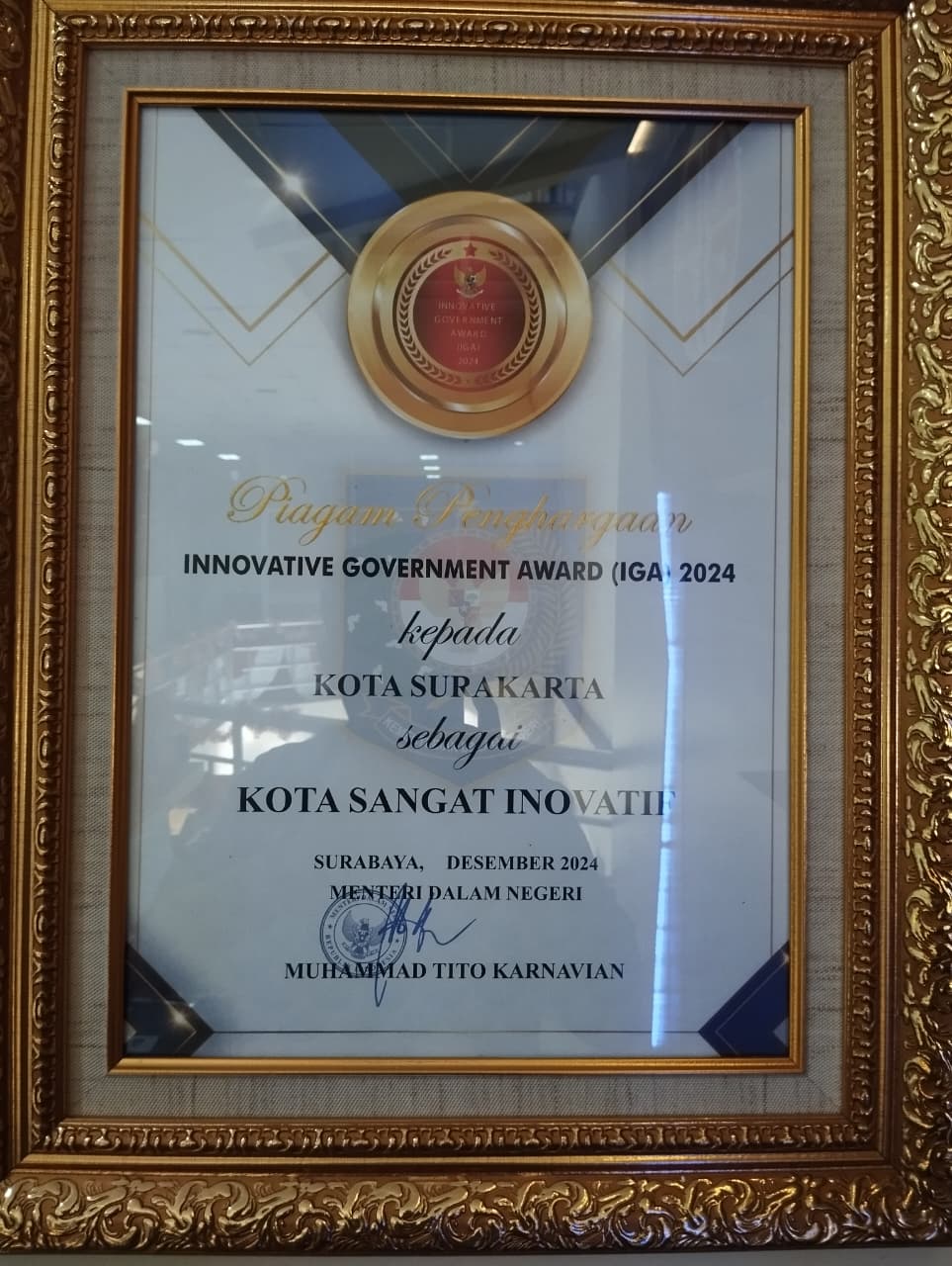 Sertifikat IGA Kota Sangat Inovatif 2024 Piagam Penghargaan Innovative Goverment Award 2024