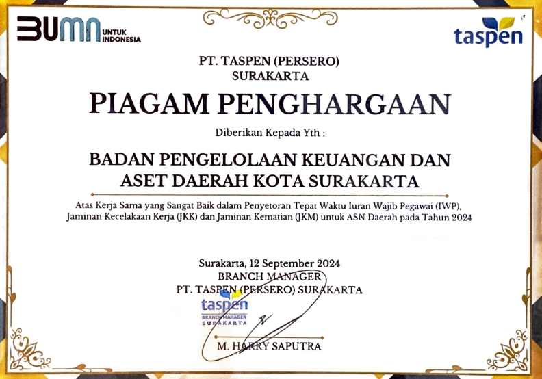 Piagam Penghargaan Kerjasama Yang Sangat Baik Dalam Penyetoran Tepat Waktu Iuran Wajib Pegawai (IWP), Jaminan Kecelakaan Kerja (JKK), Dan Jaminan Kematian (JKN) Untuk ASN Daerah Pada Tahun 2024 Piagam Penghargaan Kerjasama Yang Sangat Baik Dalam Penyetoran Tepat Waktu Iuran Wajib Pegawai (IWP), Jaminan Kecelakaan Kerja (JKK), Dan Jaminan Kematian (JKN) Untuk ASN Daerah Pada Tahun 2024